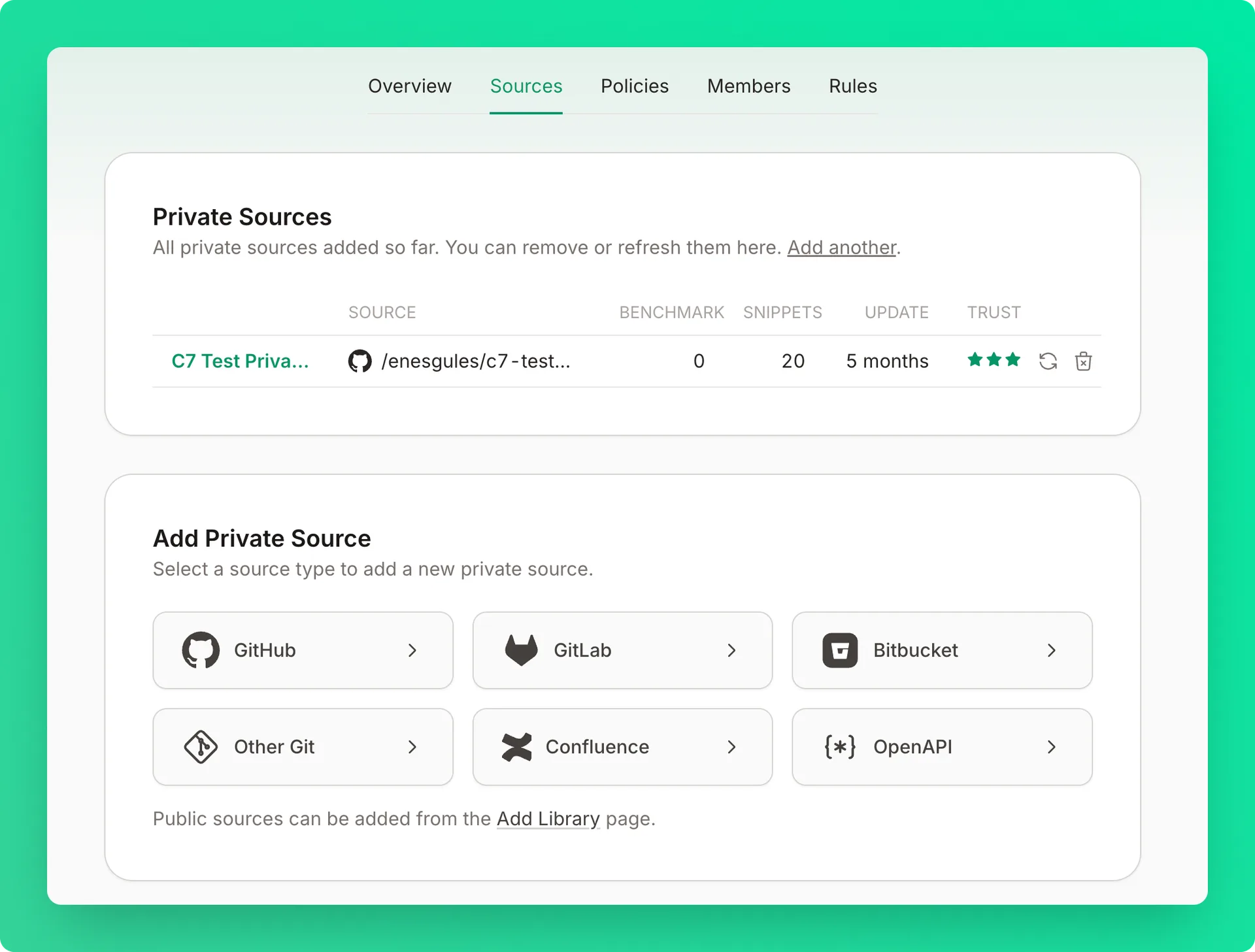 Private Sources card showing a table of added sources and source type options